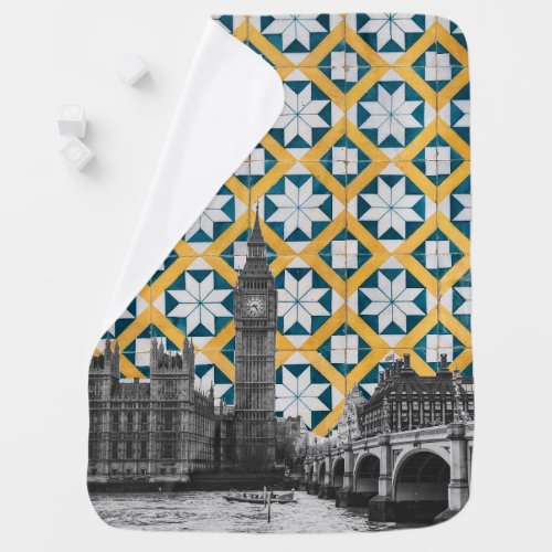 London Meets Portuguese Tiles Montage _ Azulejo Baby Blanket