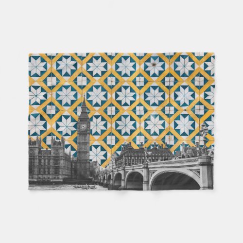 London Meets Portuguese Tiles Montage _ Azulejo Fleece Blanket