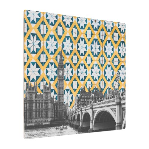 London Meets Portuguese Tiles Montage _ Azulejo Metal Print