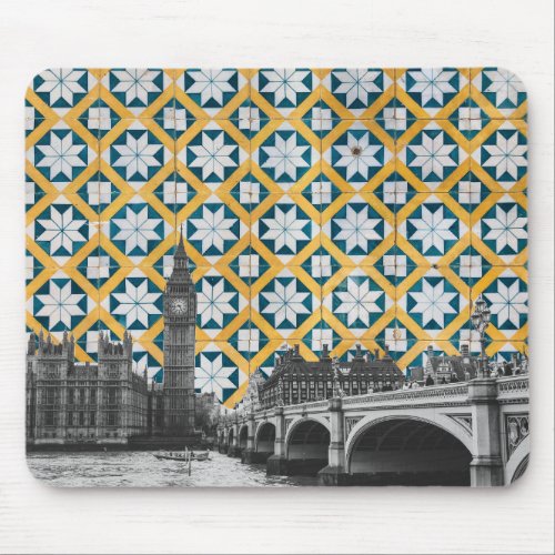 London Meets Portuguese Tiles Montage _ Azulejo Mouse Pad