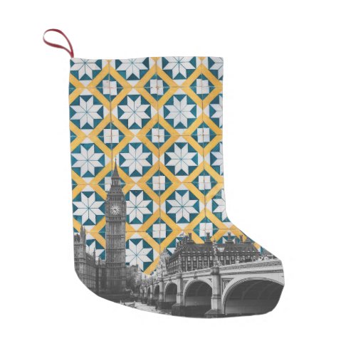 London Meets Portuguese Tiles Montage _ Azulejo Small Christmas Stocking