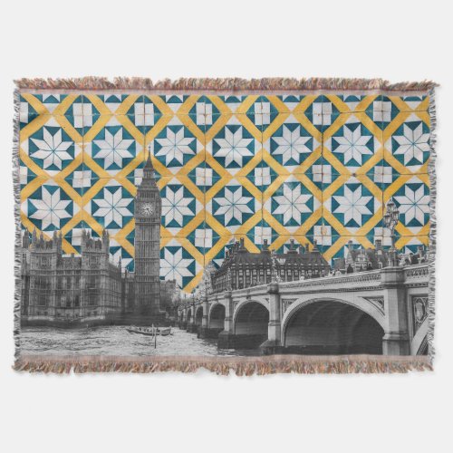 London Meets Portuguese Tiles Montage _ Azulejo Throw Blanket