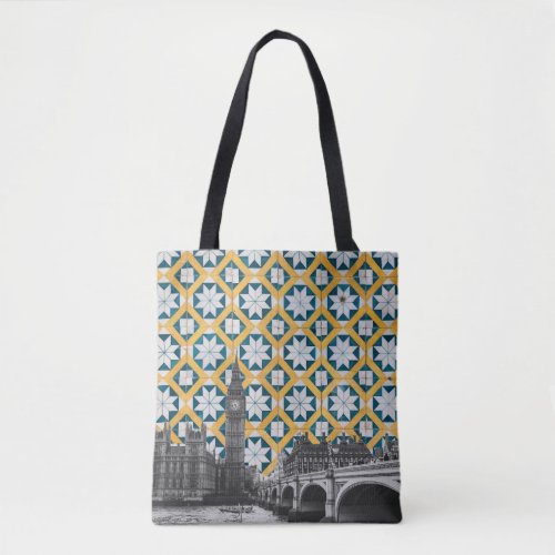 London Meets Portuguese Tiles Montage _ Azulejo Tote Bag