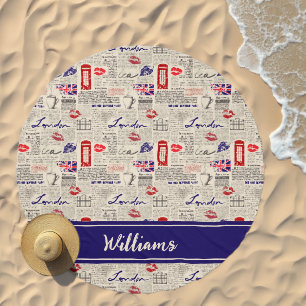 London Newspaper Pattern   Add Your Name Beach Towel