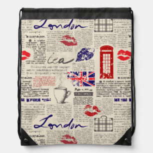 London Newspaper Pattern Drawstring Bag
