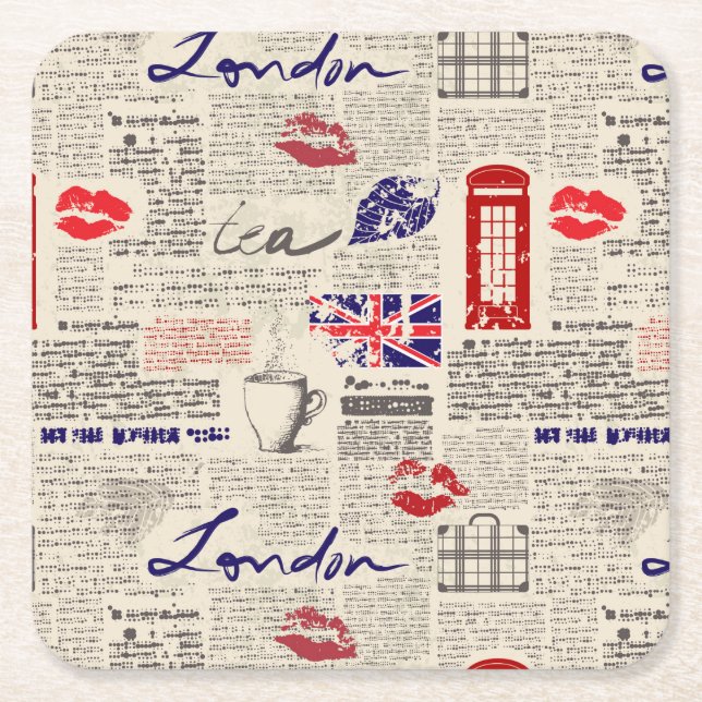 London Newspaper Pattern Square Paper Coaster (Front)
