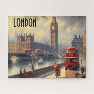 London on a Rainy Day Red Bus Westminster Jigsaw Puzzle