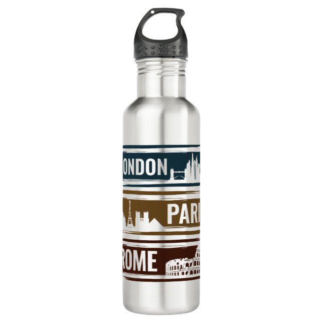 London Paris Rome Stainless Steel Water Bottle (Front)