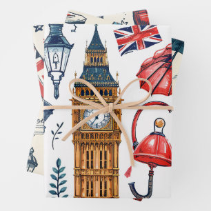 London Pattern  Big Ben London Bus Union Jack Flag Wrapping Paper Sheets