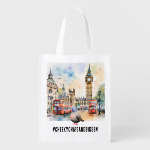 London pigeon with Big Ben and Bus Grocery Bag