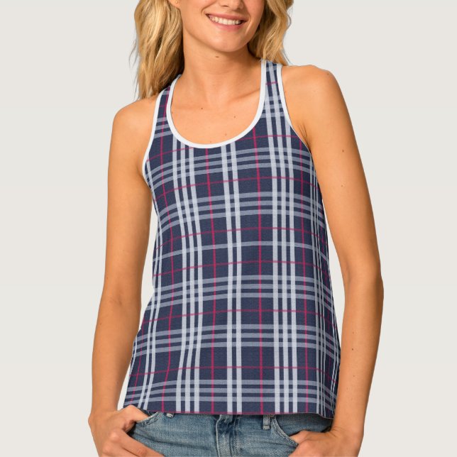 London Plaid Checked Navy Blue Tank Top (Front)