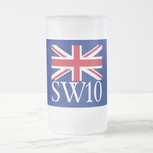 London Postcode SW10 with Union Jack Frosted Glass Beer Mug