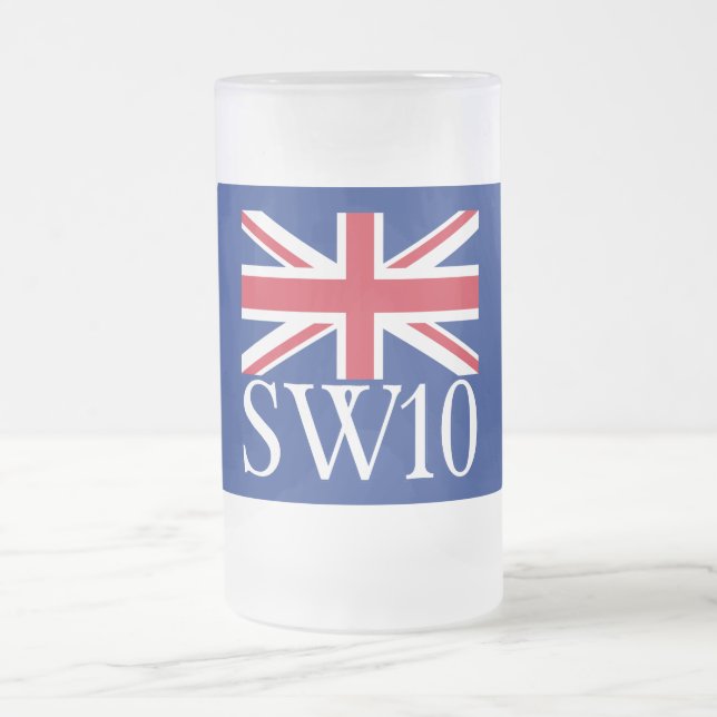 London Postcode SW10 with Union Jack Frosted Glass Beer Mug (Center)