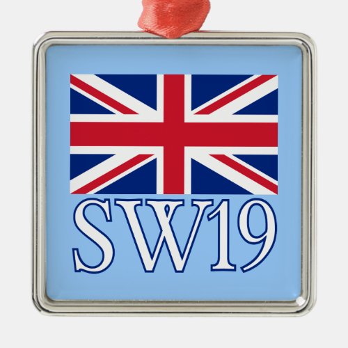London Postcode SW19 with Union Jack Metal Ornament
