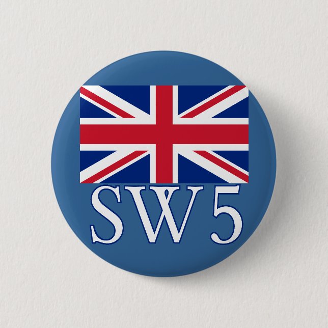 London Postcode SW5 with Union Jack Pinback Button (Front)