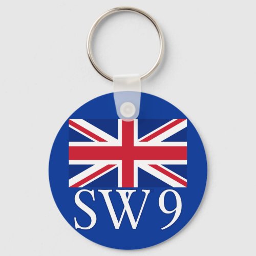 London Postcode SW9 with Union Jack Keychain