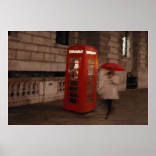 London _ Rainy Day Red Phone Box  Umbrella Poster