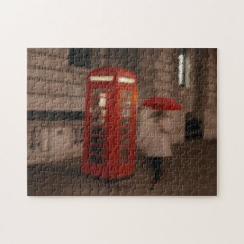 London _ Rainy Day Red Phone Box  Umbrella Puzzle