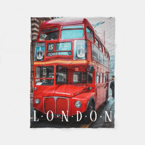 London Red Bus On Busy Street White Text Fleece Blanket