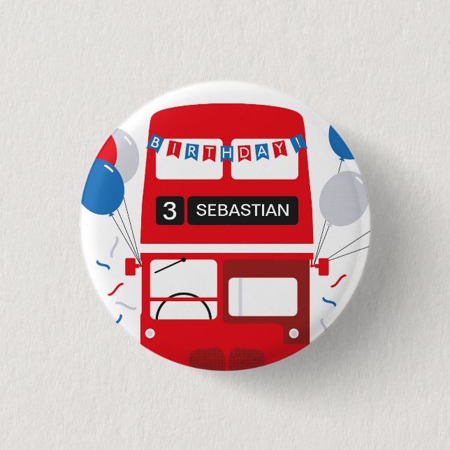 London Red Bus Personalized Birthday Badge Pinback Button (Front)