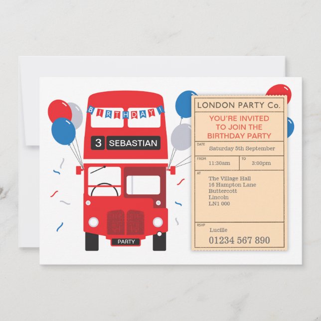 London Red Bus Personalized Birthday Party Invite (Front)