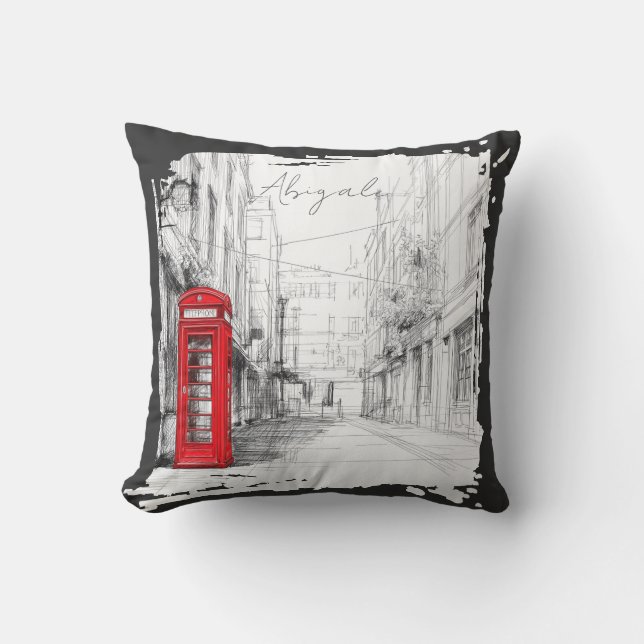 London Red Phone Booth Sketch Decor Throw Pillow (Front)