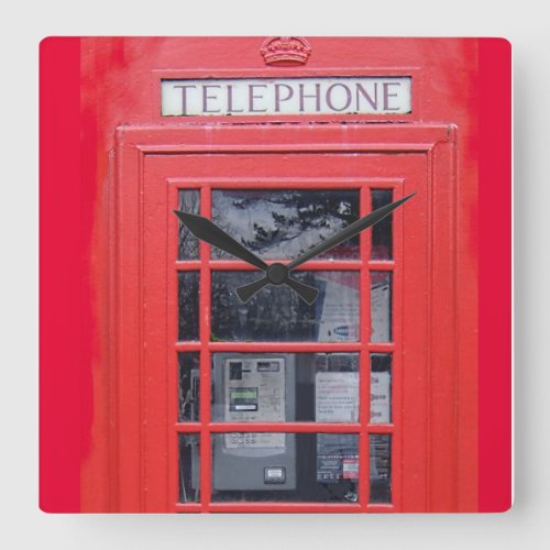 London Red Telephone Box Square Wall Clock