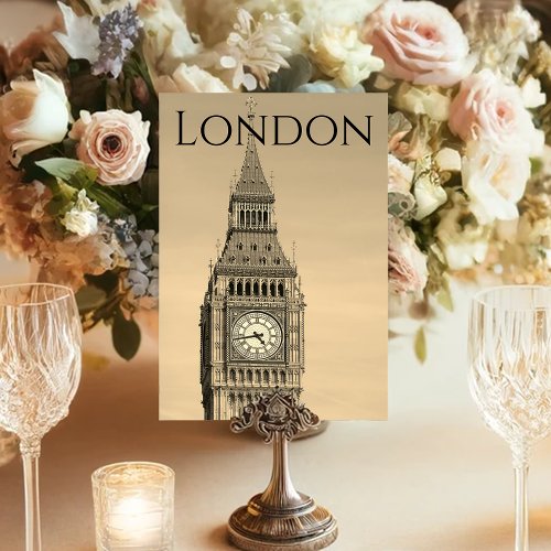 London Sepia Big Ben Brown Wedding Table Number