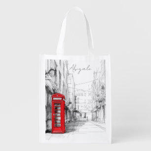 London Sketch Scene with Red Phone Booth Grocery Bag