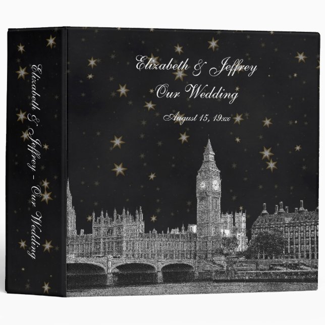 London Skyline Black Gold Star Wedding Binder (Front/Spine)