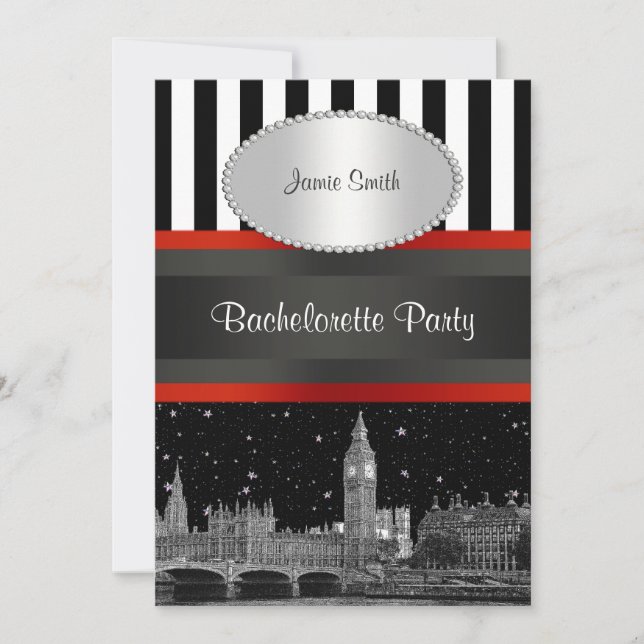 London Skyline BW Blk Wht Stripe Red Bachelorette Invitation (Front)