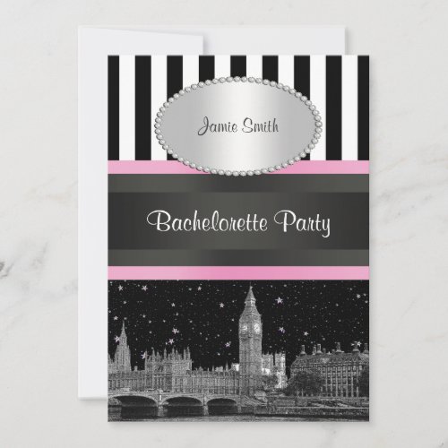 London Skyline BW Blk Wht Strp Pink Bachelorette Custom Invitations