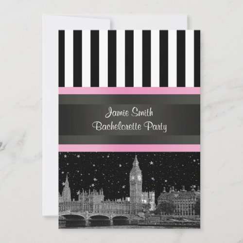 London Skyline BW Blk Wht Strp Pink Bachelorette Invitations