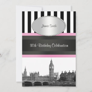 London Skyline BW Blk Wht Strp Pink Birthday Pty Invitation
