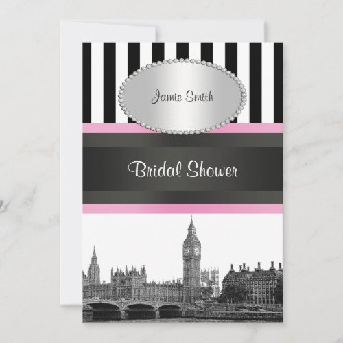 London Skyline BW Blk Wht Strp Pink Bridal Shwr Custom Invitation