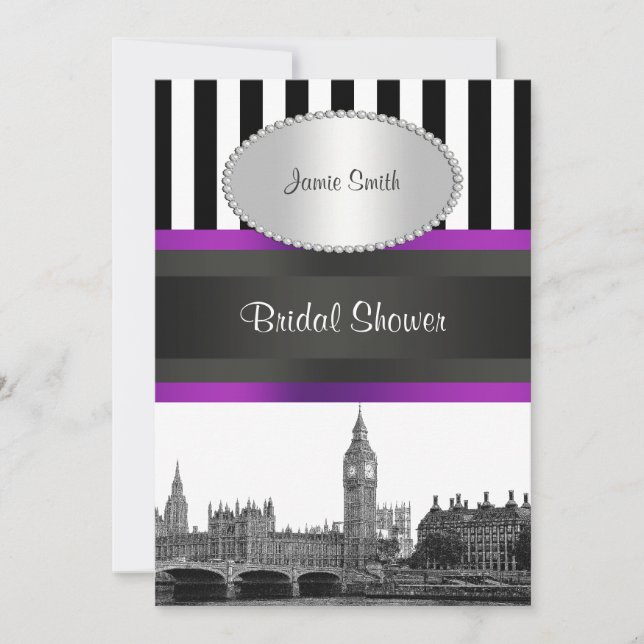 London Skyline BW Blk Wht Strp Purple Bridal Shwr Invitation (Front)