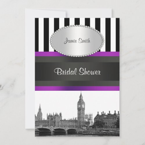 London Skyline BW Blk Wht Strp Purple Bridal Shwr Invitation