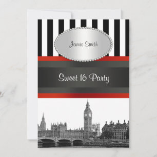 London Skyline BW Blk Wht Strp Red Sweet 16 Party Invitation