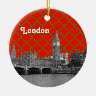 London Skyline Etch Green Red Quatrefoil BG Xmas Ceramic Ornament