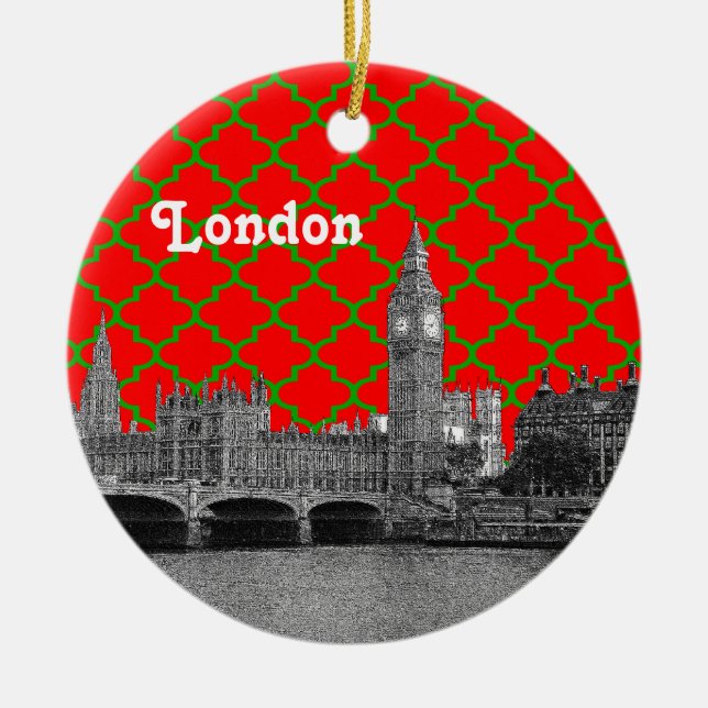 London Skyline Etch Green Red Quatrefoil BG Xmas Ceramic Ornament (Front)