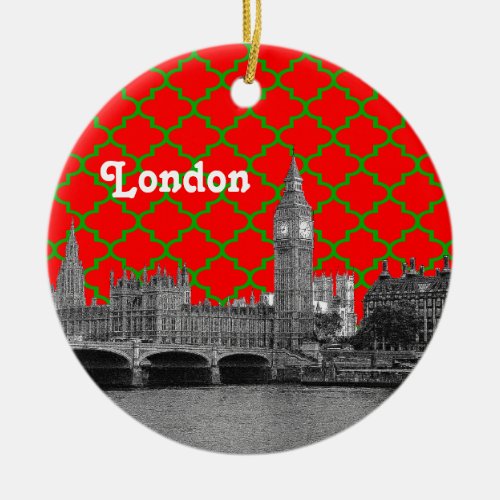 London Skyline Etched Green Red Green Quatrefoil Ceramic Ornament