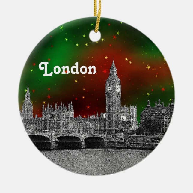 London Skyline Etched, Green Red Starry Sky Xmas Ceramic Ornament (Front)