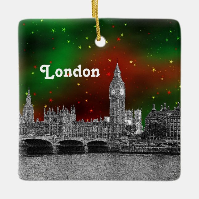 London Skyline Etched, Green Red Starry Sky Xmas Ceramic Ornament (Front)