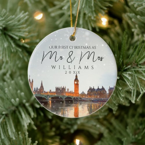 London Skyline First Christmas As Mr & Mrs Photo Ceramic Ornament