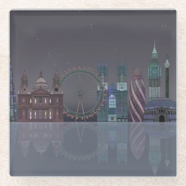 London Skyline Night Reflections Glass Coaster (Front)