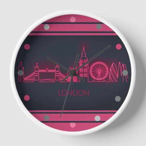 London Skyline Pink Neon Look Cityscape  Wall Roun Clock