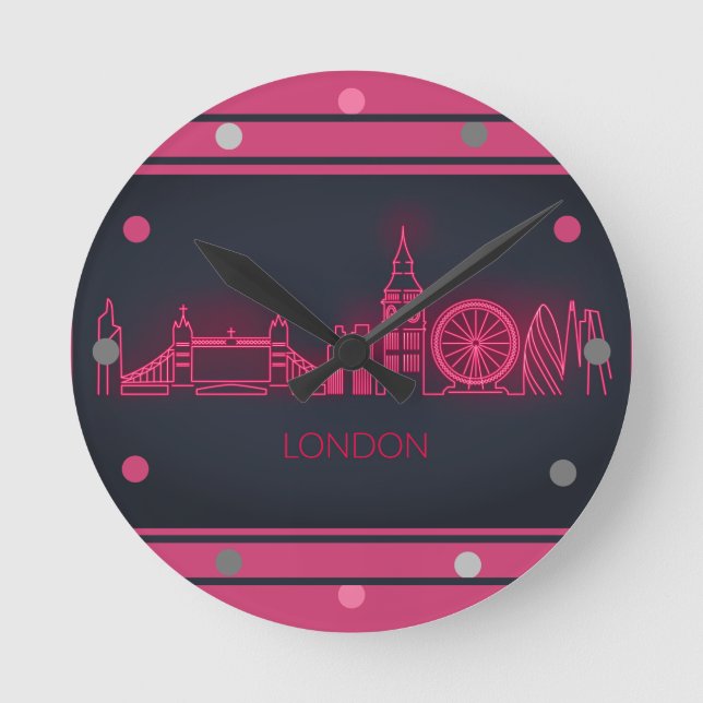 London Skyline Pink Neon Look Cityscape  Wall Round Clock (Front)