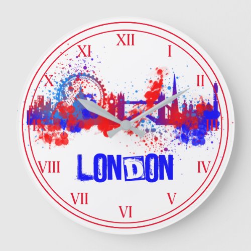 London Skyline Red White Blue Artistic Paint Splat Large Clock