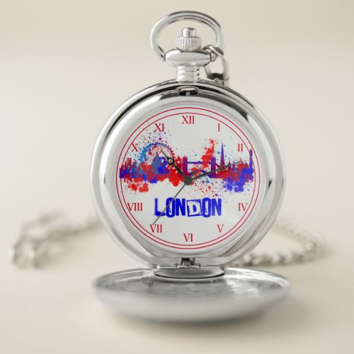 London Skyline Red White Blue Artistic Paint Splat Pocket Watch