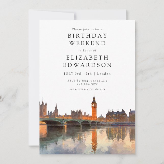 London Skyline Watercolor Birthday Weekend Invitation (Front)
